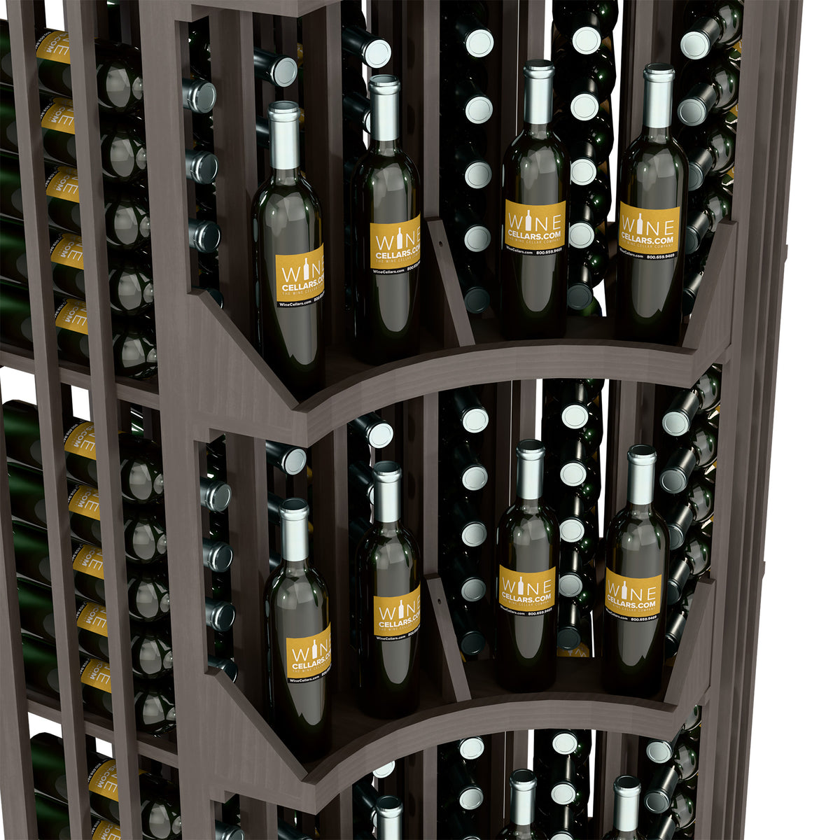Curved corner wine display close-up showing bottle racks and labeled bottles
