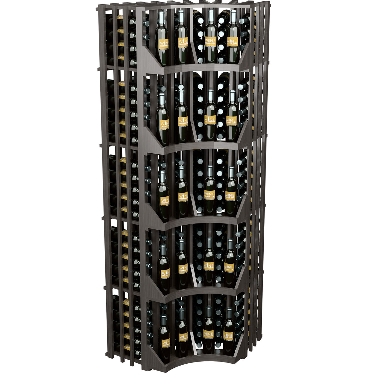 Curved corner wine bottle wall display with arched base, dark frame and bottle slots