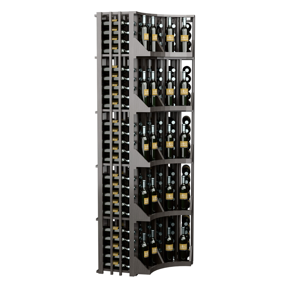 Curved corner wine bottle wall display with 6 rows of bottle slots, dark frame