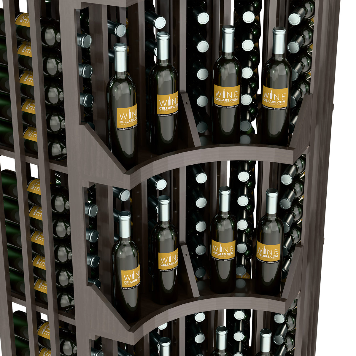 Curved corner wine display close-up with bottle racks and multiple wine bottles