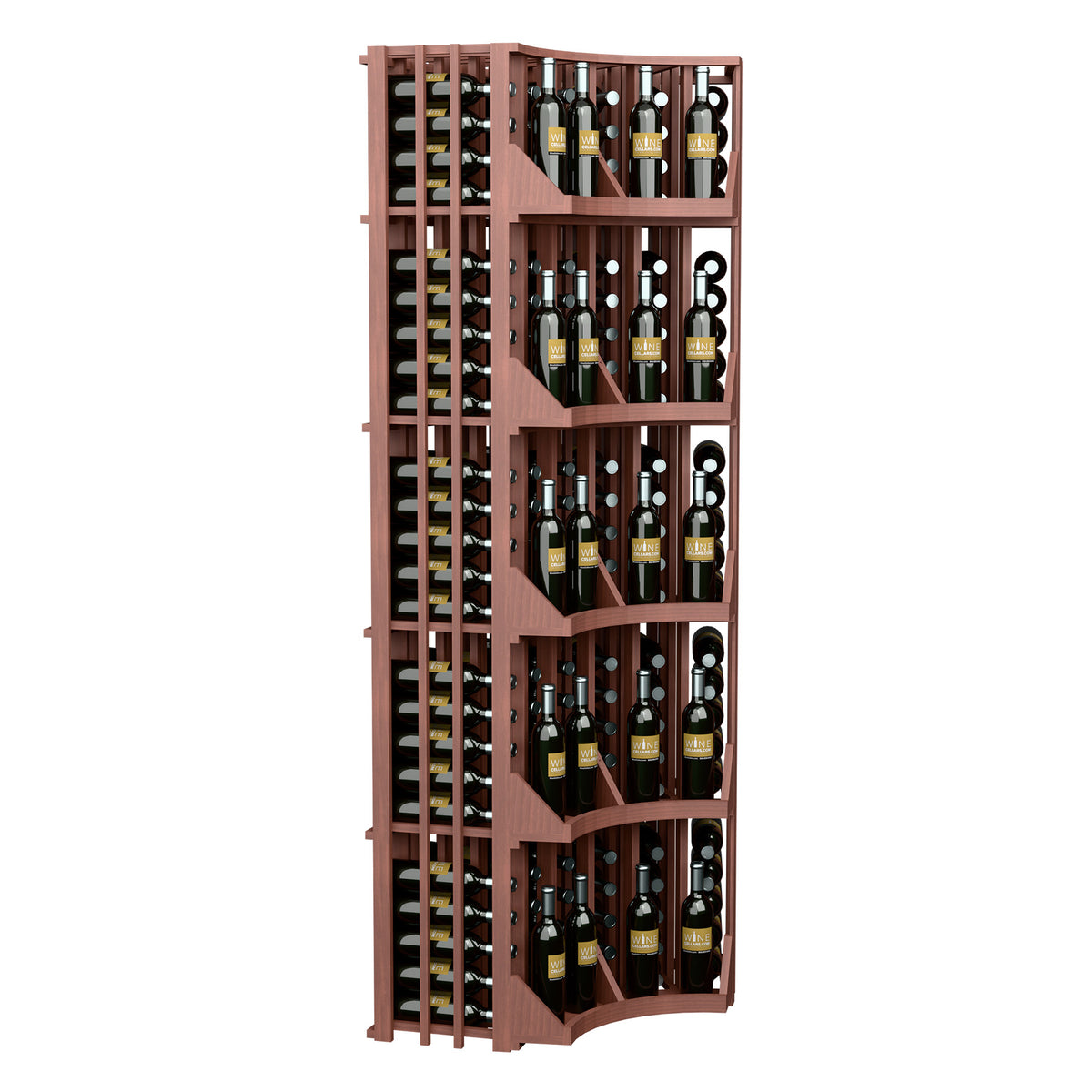 Curved corner wine bottle wall display, 6-column design with reddish wood frame