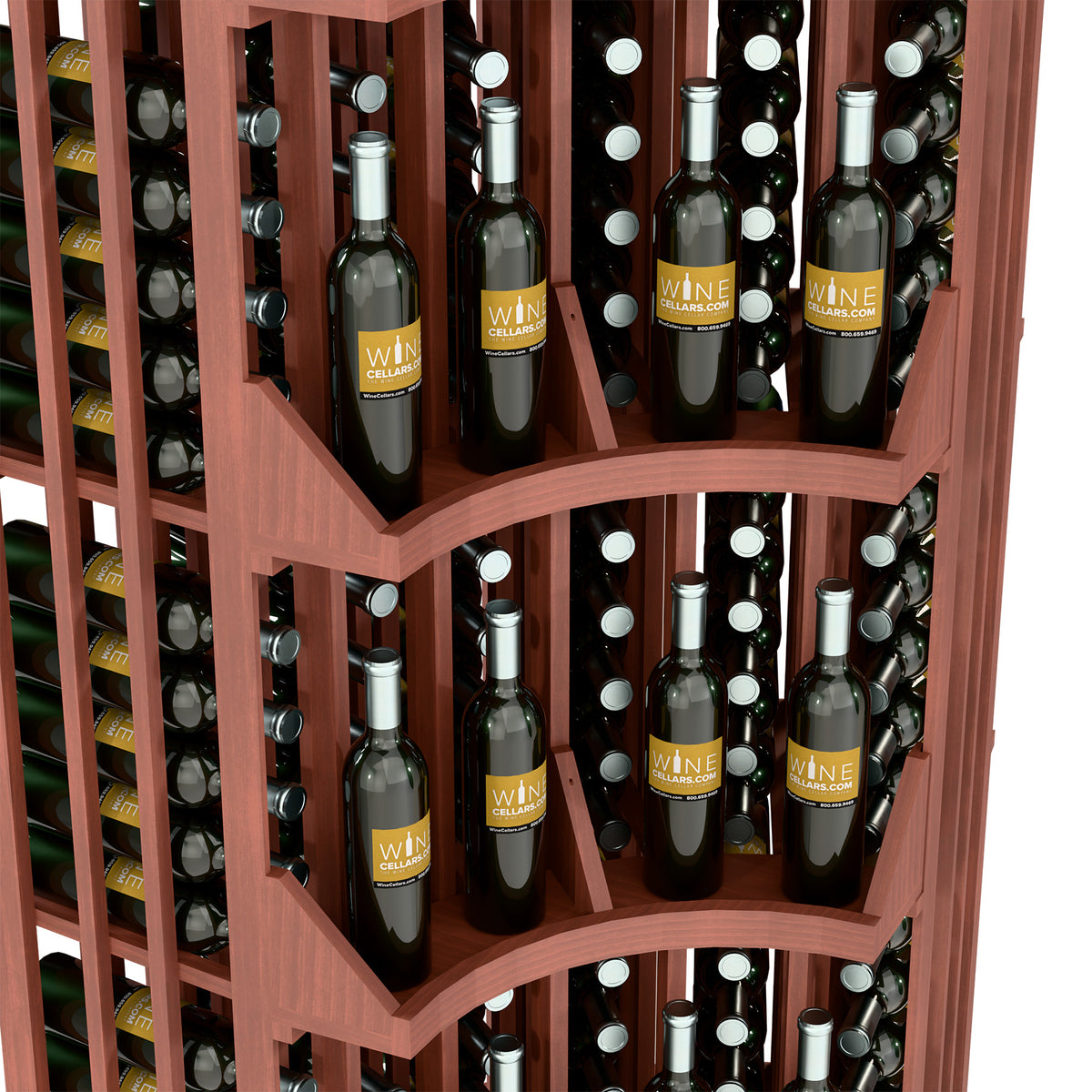 Curved corner wine display close-up showing bottle racks and labeled bottles