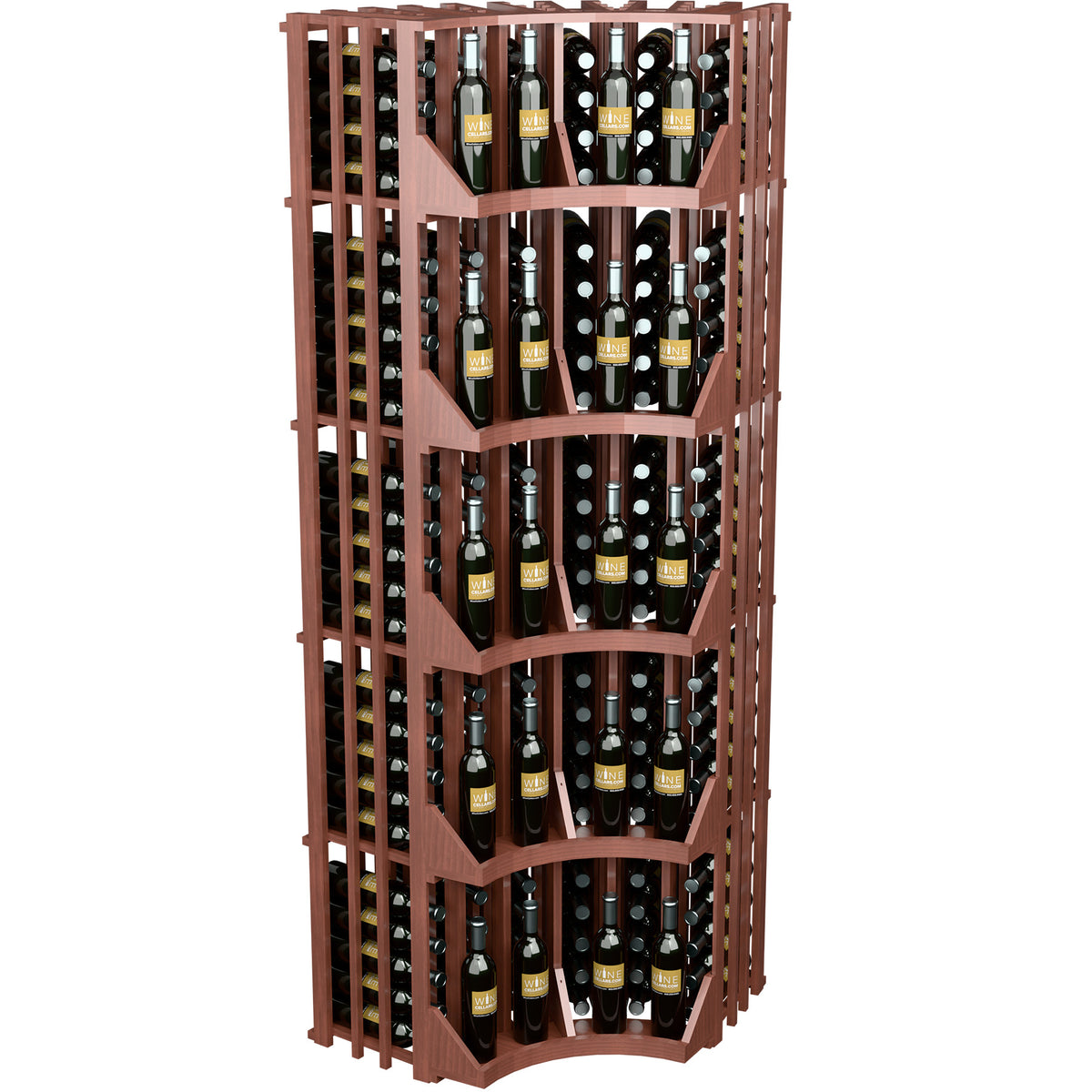 Curved corner wine bottle wall display with arched base, reddish frame and bottle slots