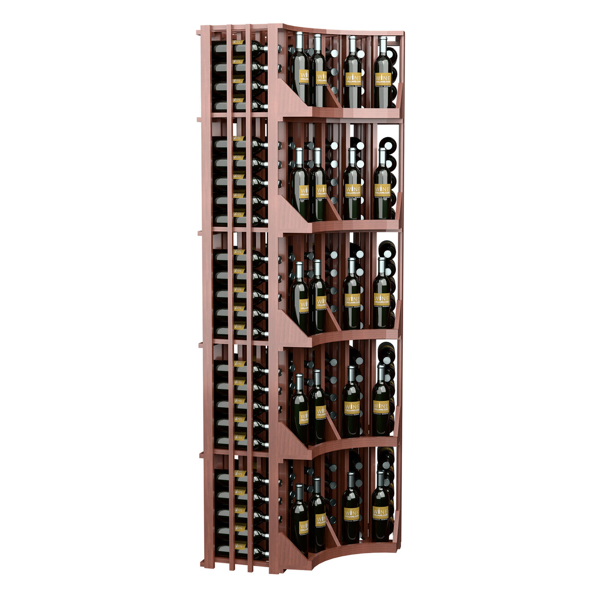Curved corner wine bottle display rack, 6 columns, curved shelves, dark wood