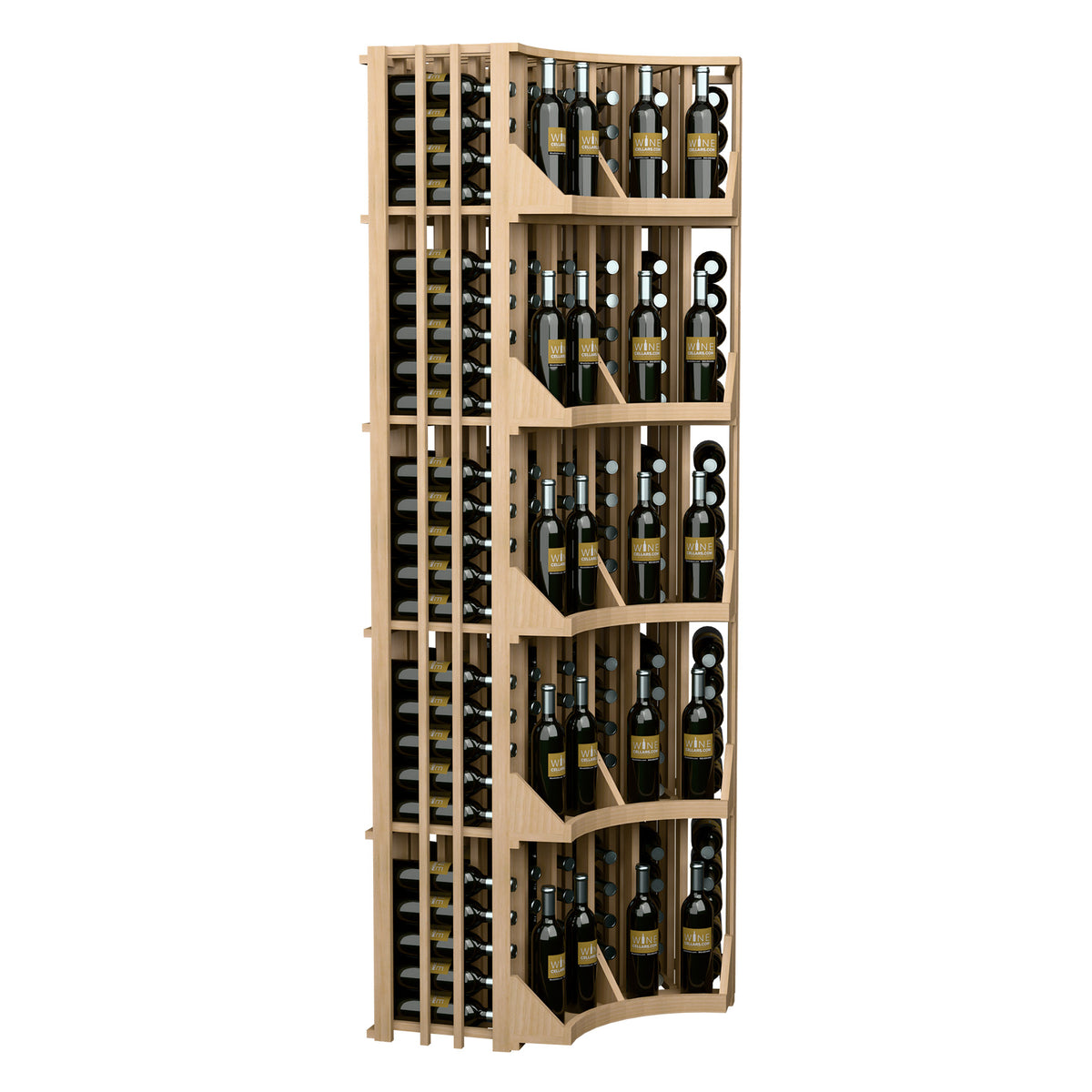 Curved corner wine bottle display rack with 6 columns and curved shelves, light wood