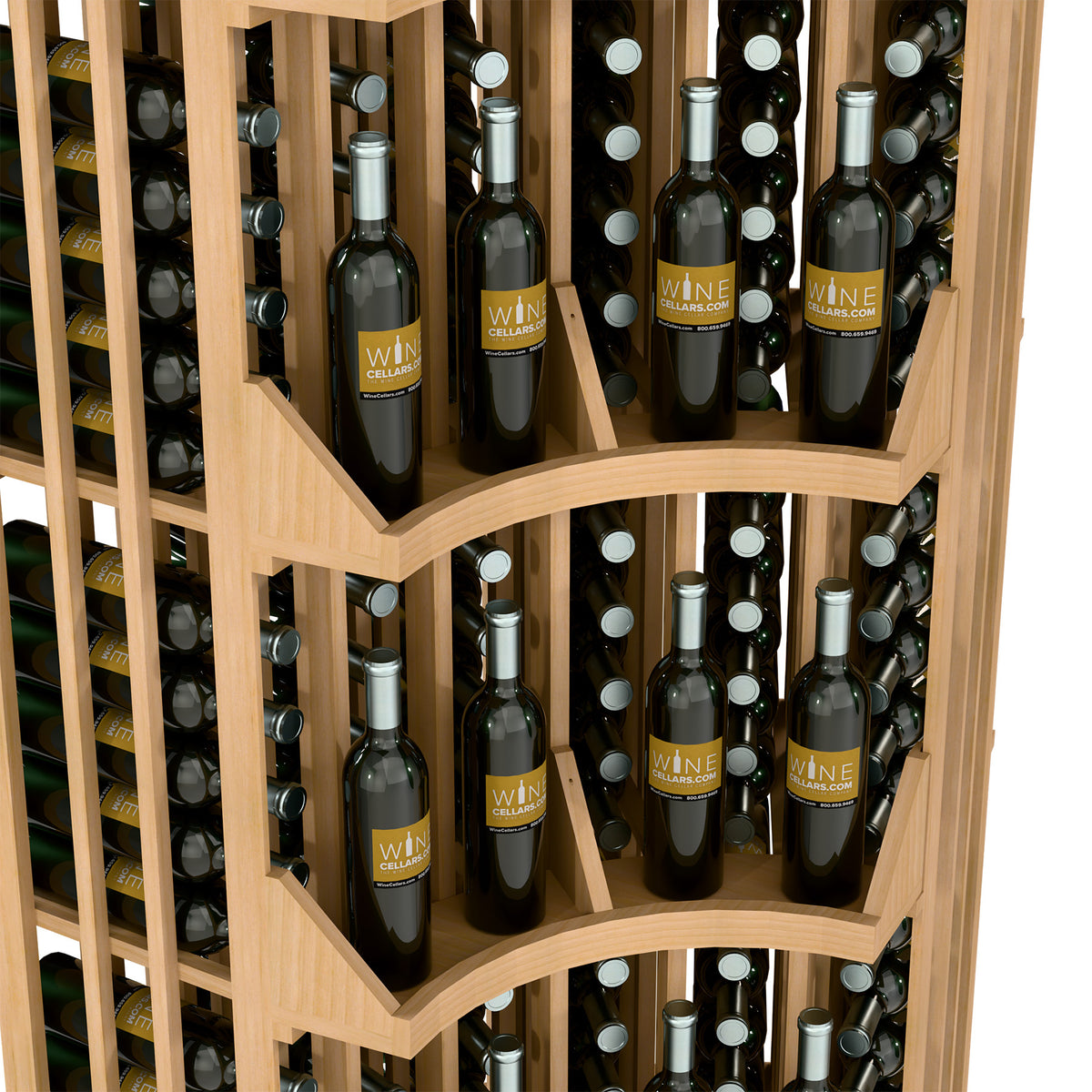 Curved corner wine bottle rack close-up with curved shelves and bottles, light wood