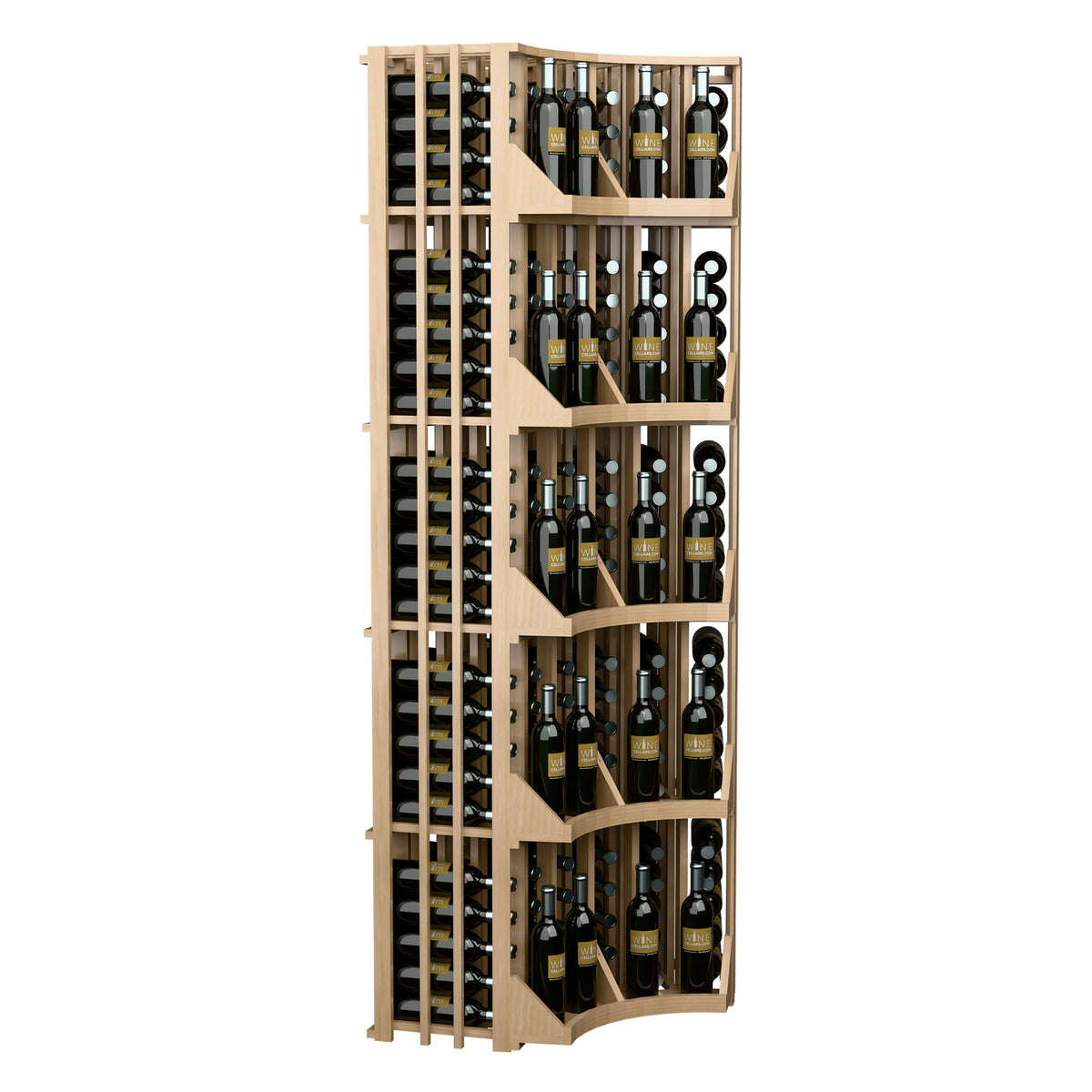 Curved corner wine bottle display rack with 6 columns, curved shelves, light wood, angled