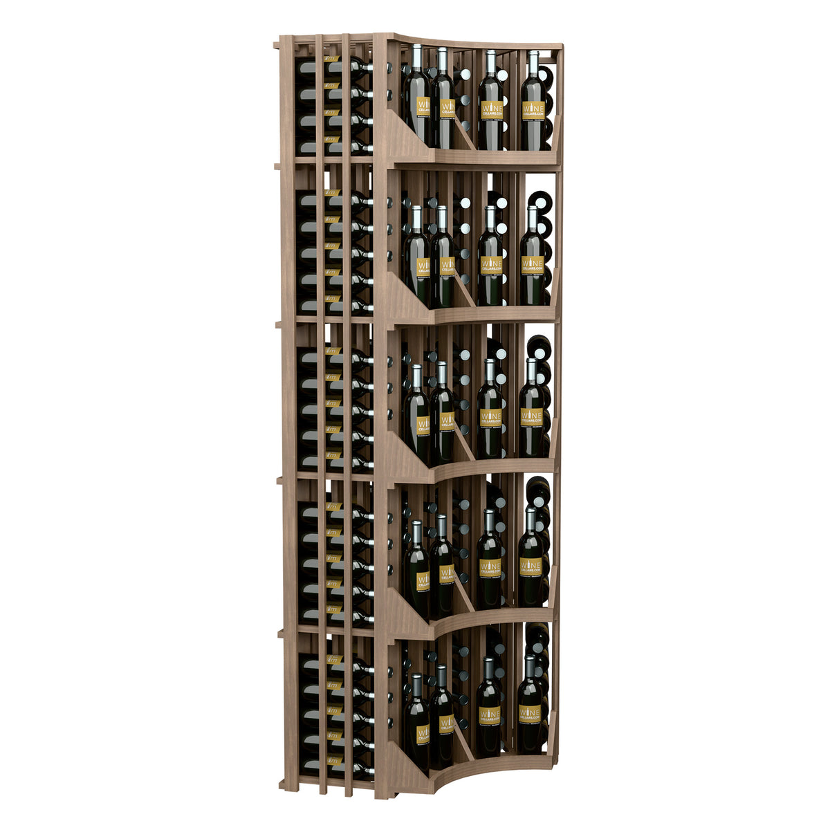 Curved corner wine bottle display rack with 6 columns and curved shelves, dark wood