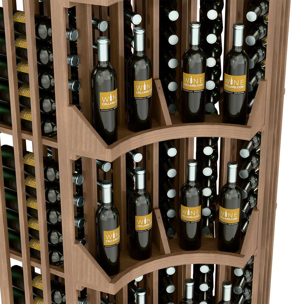 Light wood 6-column curved corner wine bottle wall display with multiple bottle rows