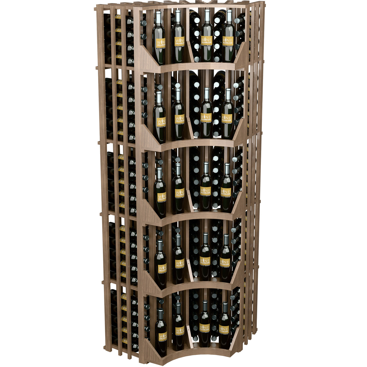 Dark wood 6-column curved corner wine bottle wall display with open front shelves