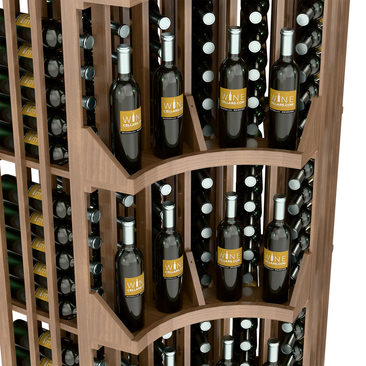 Light wood 6-column curved corner wine bottle wall display showing curved shelf compartments