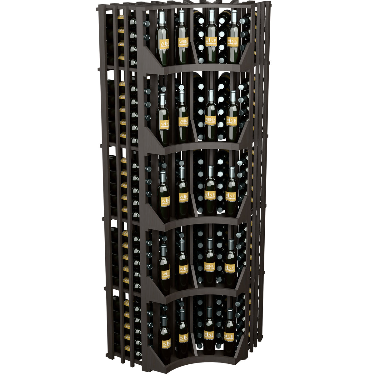 Dark wood 6-column curved corner wine bottle wall display with front shelf grid