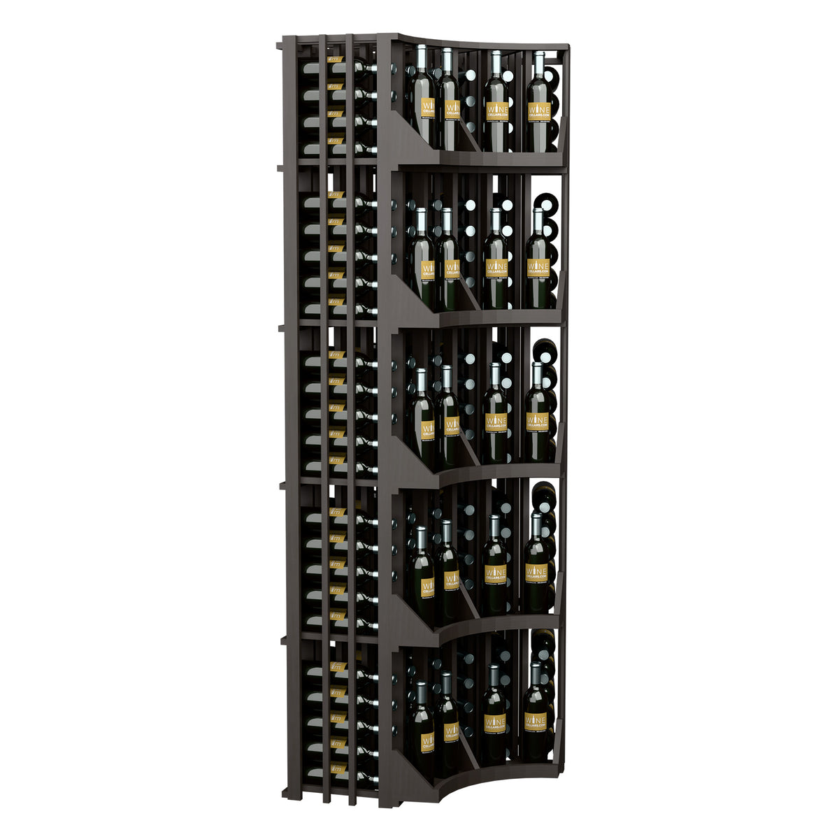 Dark wood 6-column curved corner wine bottle display cabinet with angled front shelves