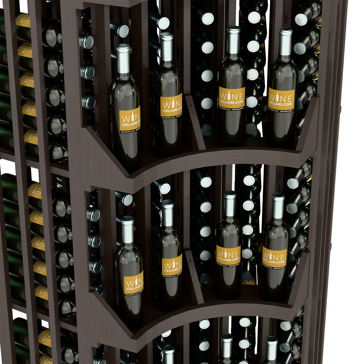 Light wood 6-column curved corner wine bottle wall display with bottle-filled curved sections