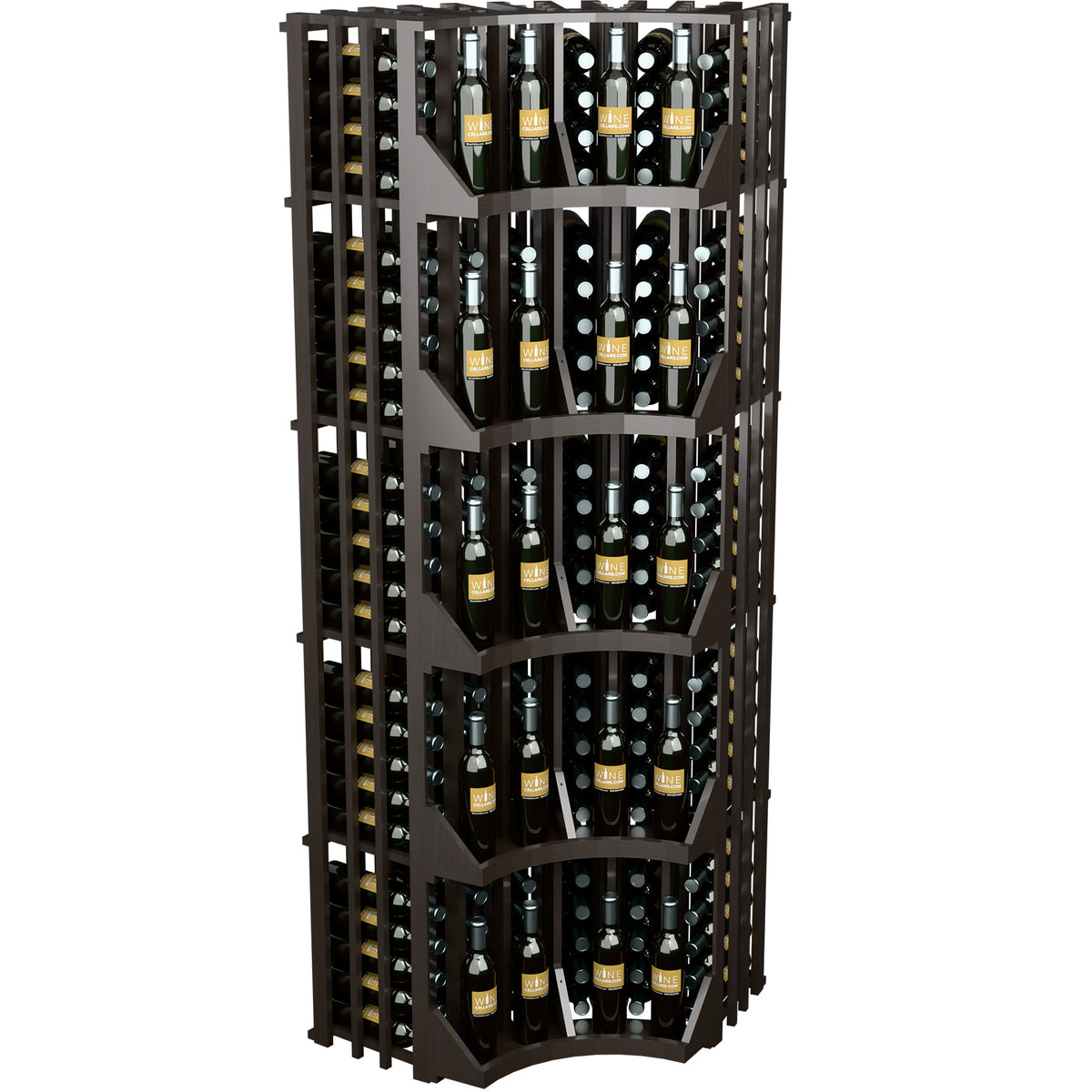 Dark wood 6-column curved corner wine bottle wall display with curved lower shelf