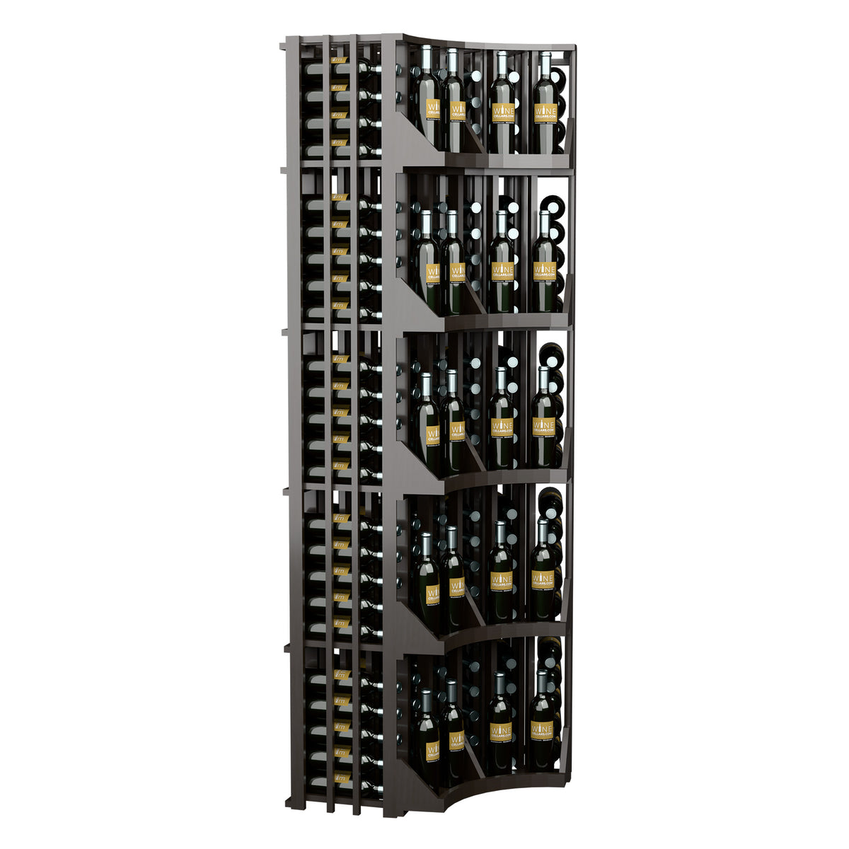 Dark wood 6-column curved corner wine bottle display with open front and side slats