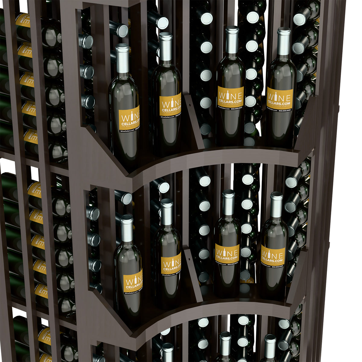 Light wood 6-column curved corner wine bottle wall display with curved shelves and bottles