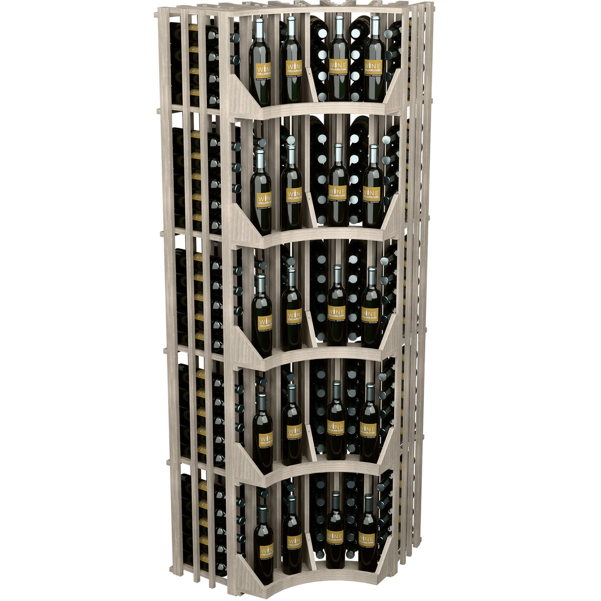 Wall wine display cabinet with curved corner design, holding rows of wine bottles