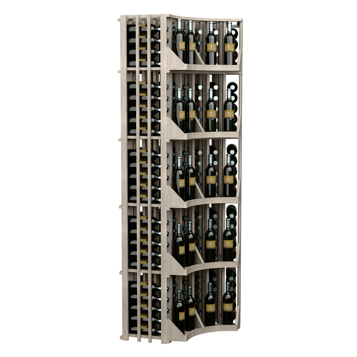 Corner wine display cabinet showing end view with curved shelves and bottle rows
