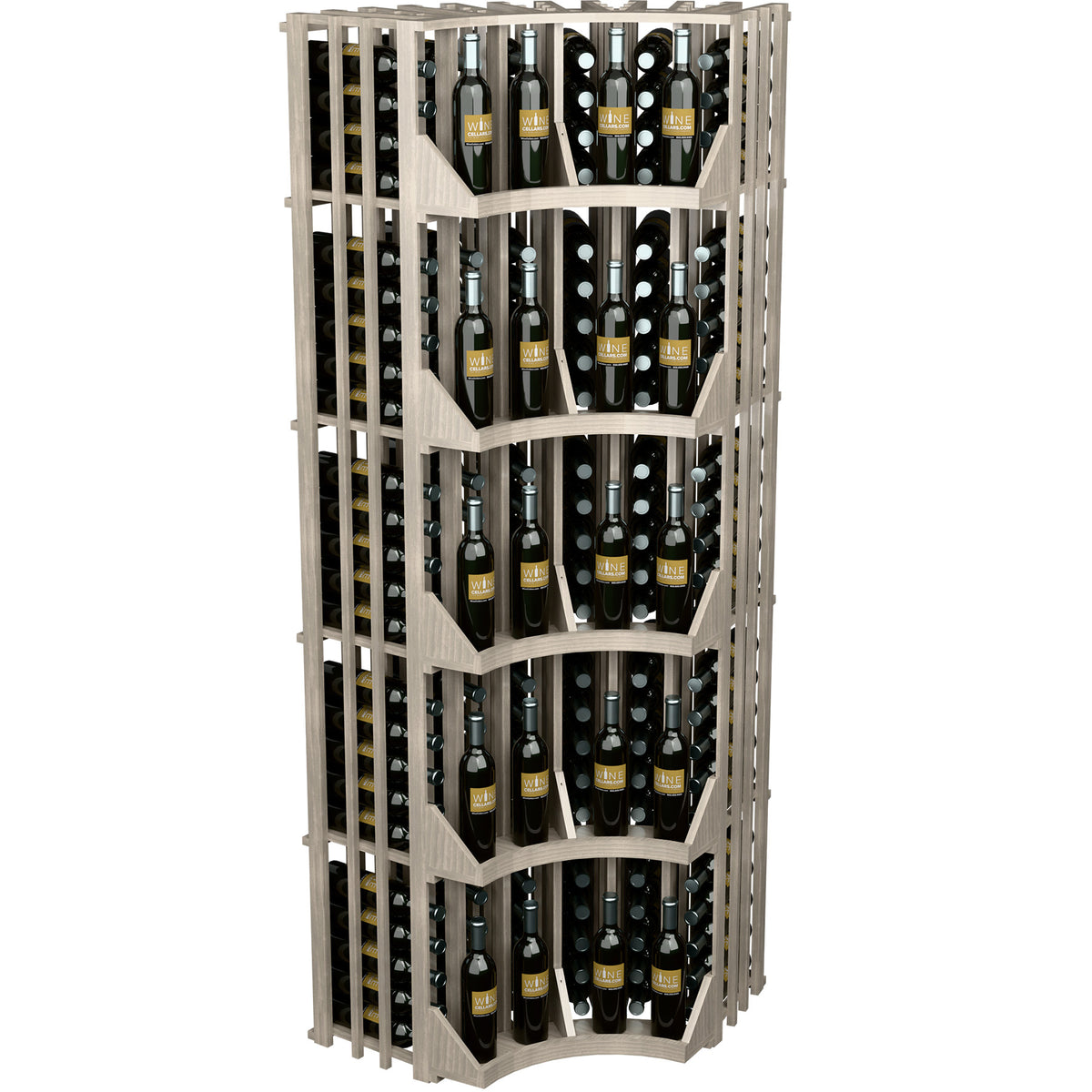 Curved corner wall wine display cabinet with vertical bottle slots and tiered shelves