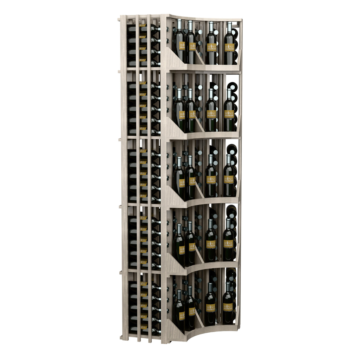 Corner wine display cabinet end view with bottle rows and curved shelf openings