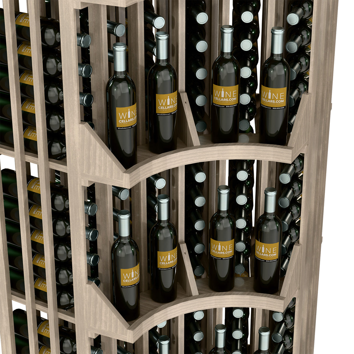Close-up view of curved wine racks holding bottles in a wall display cabinet