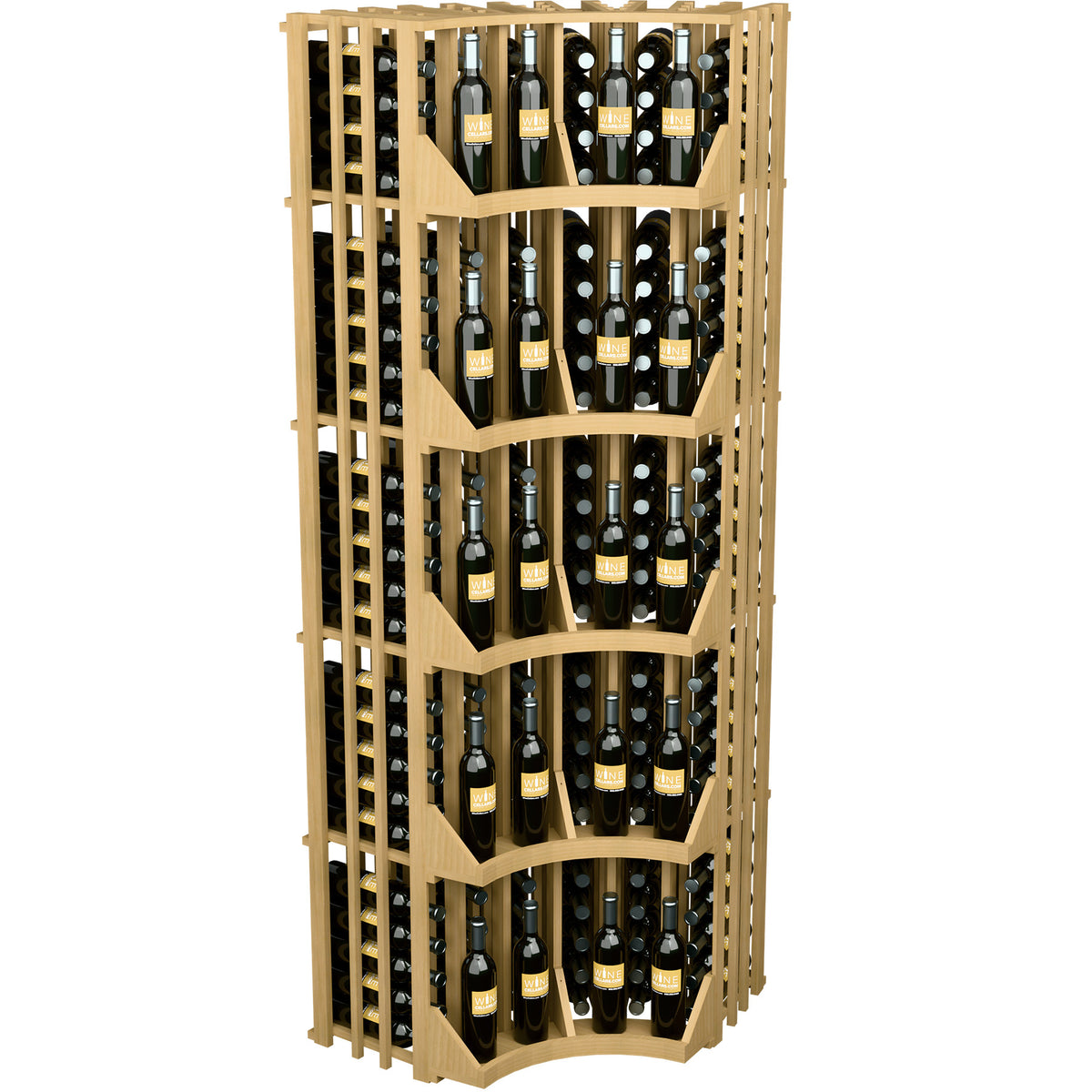 Curved corner wine display cabinet with multiple bottle shelves and vertical slots