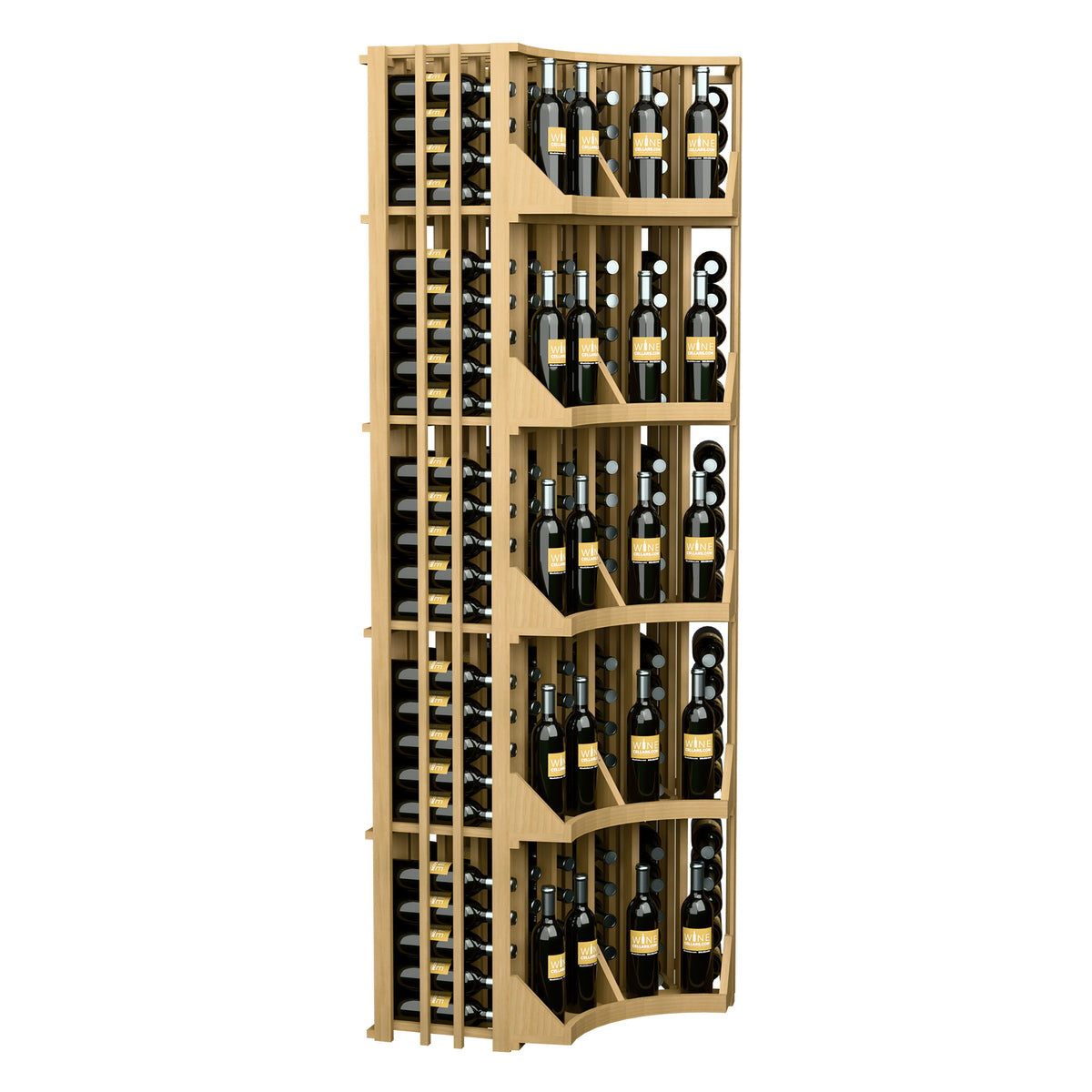 End view of corner wine display cabinet with curved shelves and bottle compartments