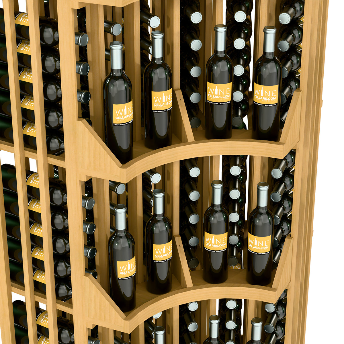 Close-up of curved bottle cubbies in a wall wine display cabinet