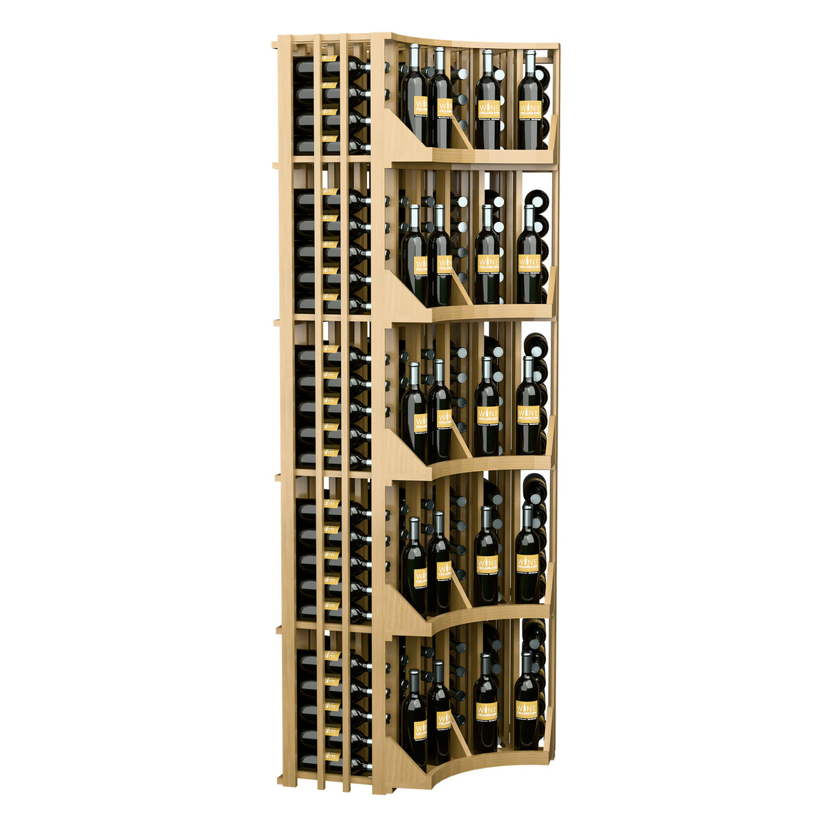 Light wood curved corner wine wall display with 6-column lattice and bottle cubbies