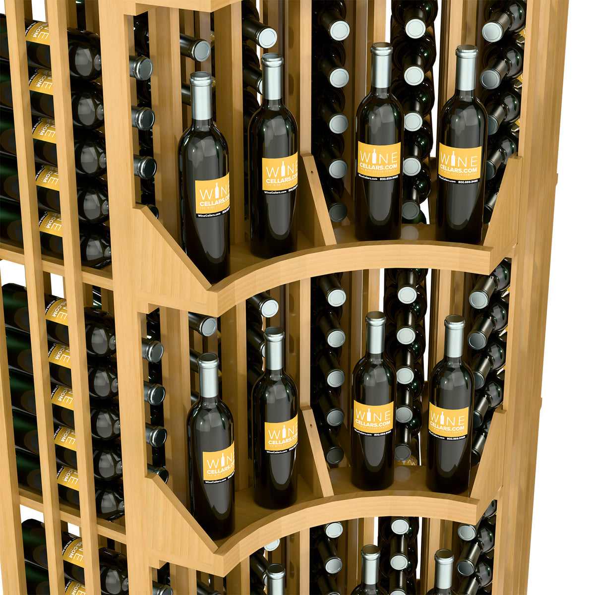 Close-up of light wood curved corner wine display with bottle cubbies and open slots