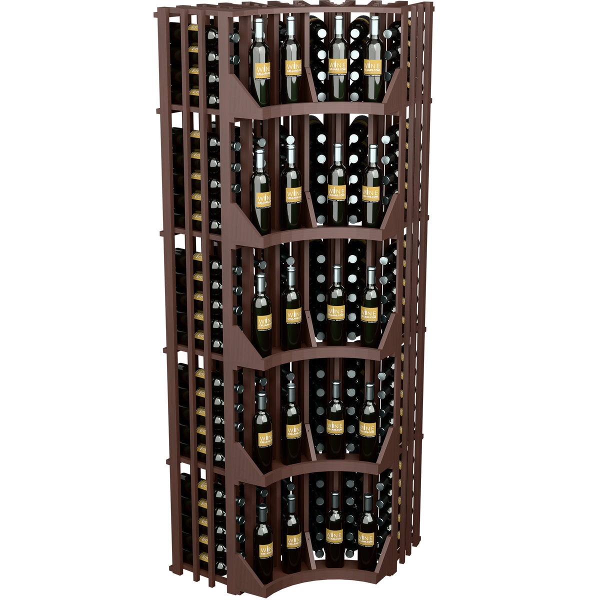 Dark wood curved corner wine wall display with 6-column lattice and bottle cubbies