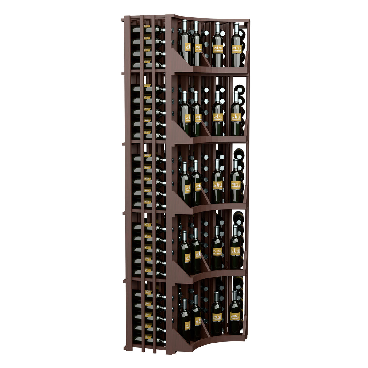 Dark wood curved corner wine wall display with lattice side and bottle cubbies
