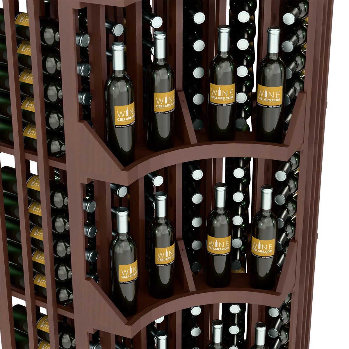 Close-up of dark wood curved corner wine display with bottle cubbies and wine bottles