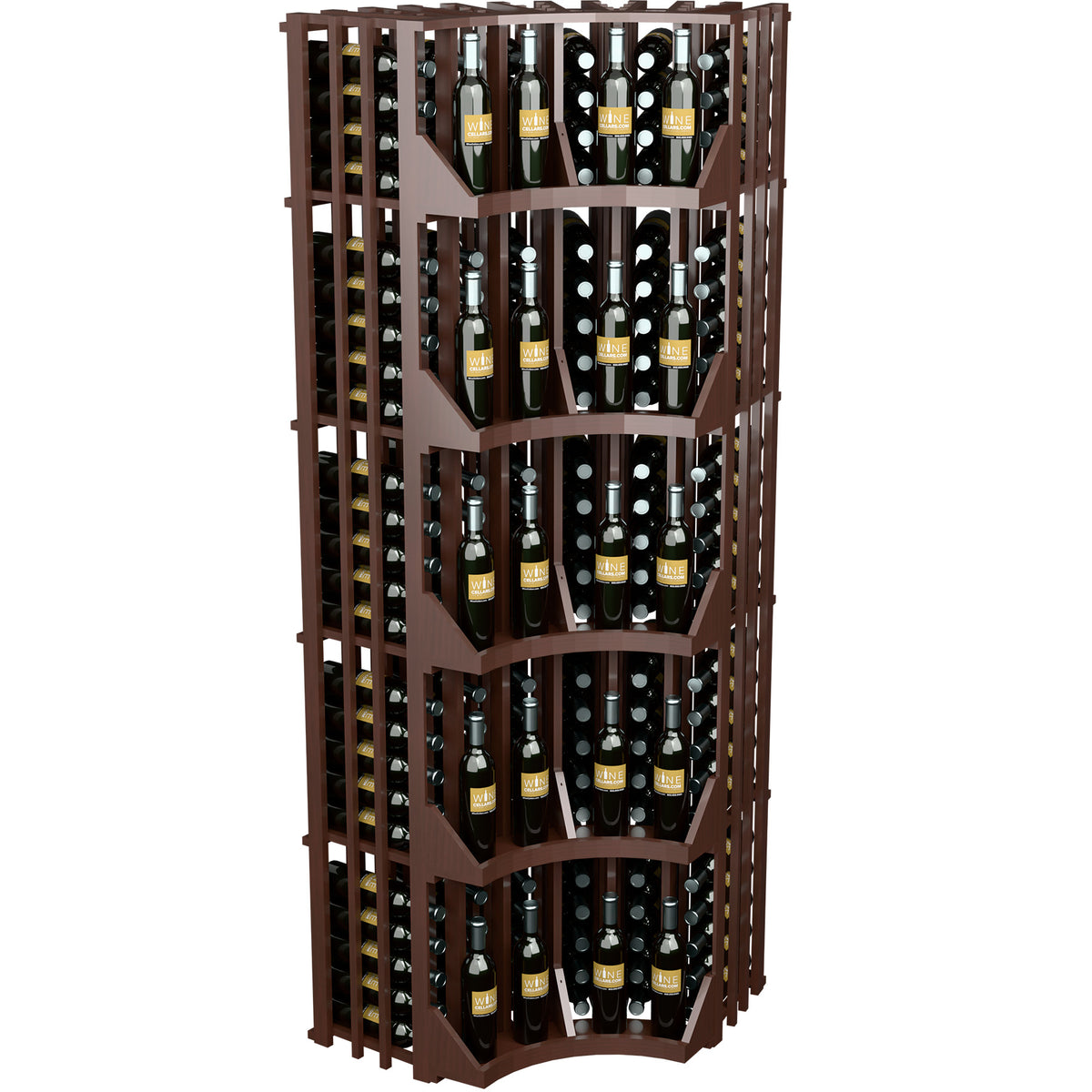 Dark wood curved corner wine wall display with 6-column lattice and open bottle shelves