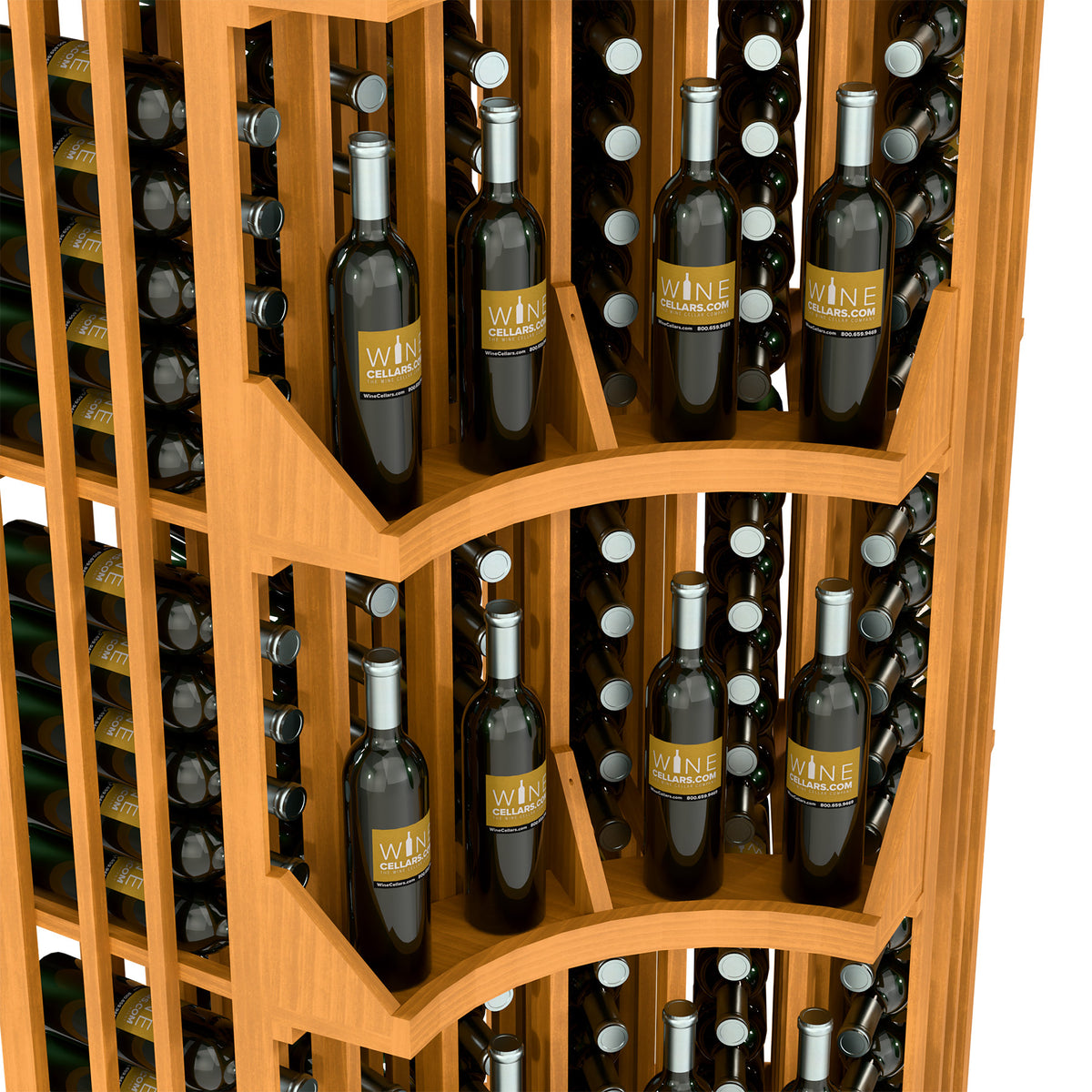 Curved corner wine rack with open wooden cubbies and angled bottle shelves