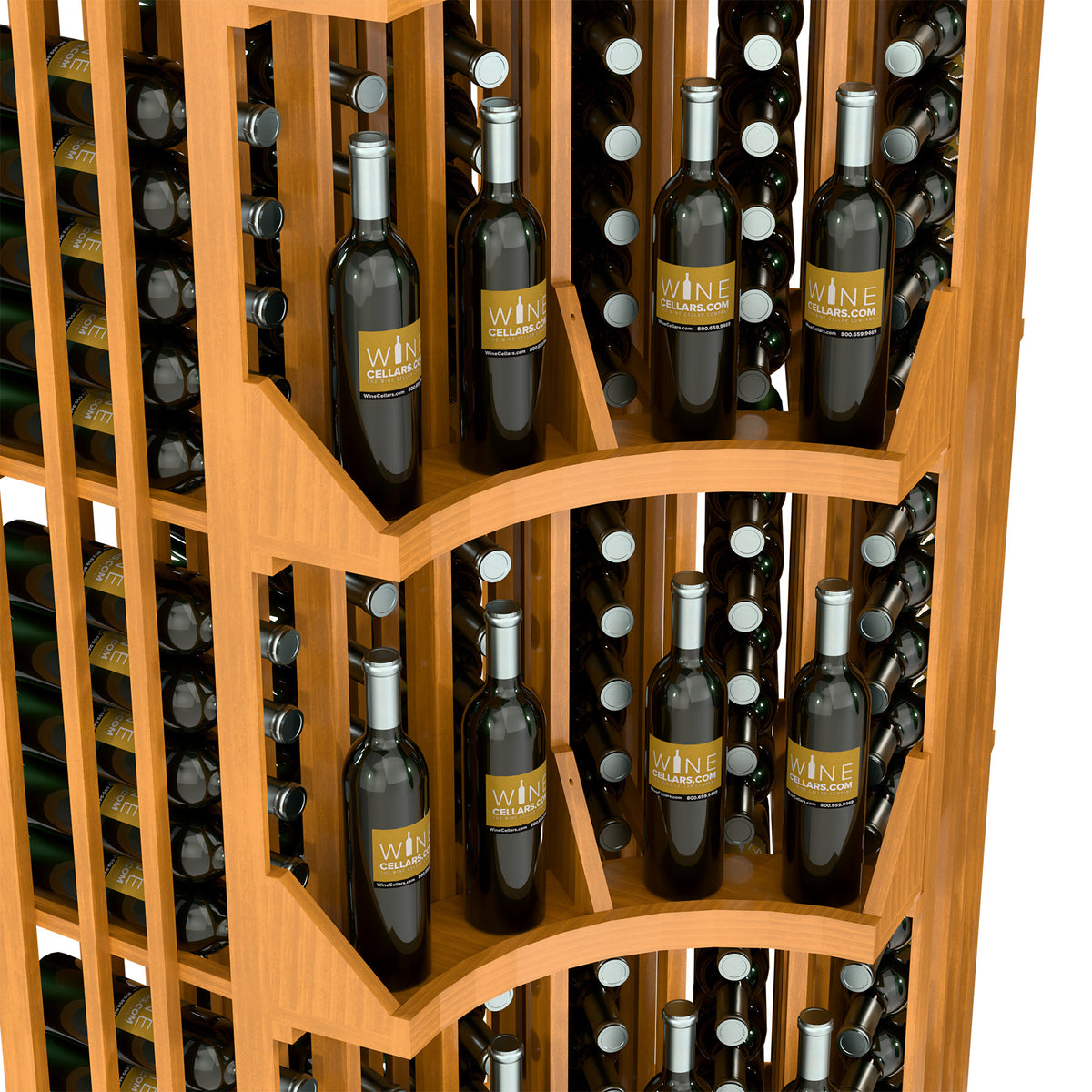 Curved corner wine rack with open wooden cubbies and angled bottle shelves