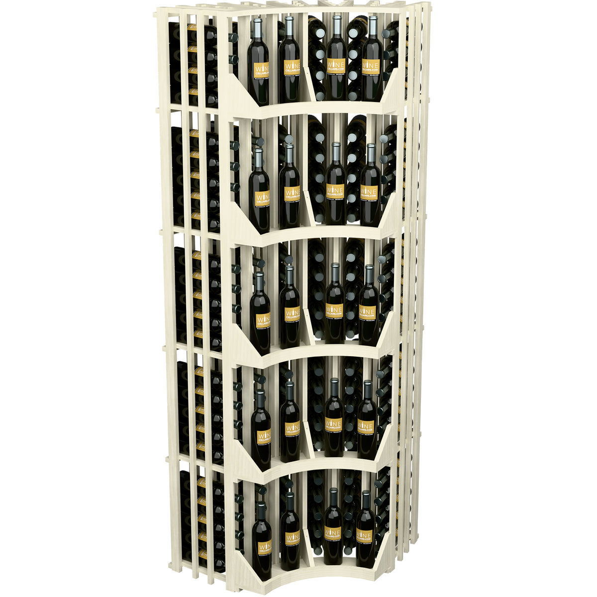 Curved corner wine rack with open wooden cubbies and angled bottle shelves in white finish
