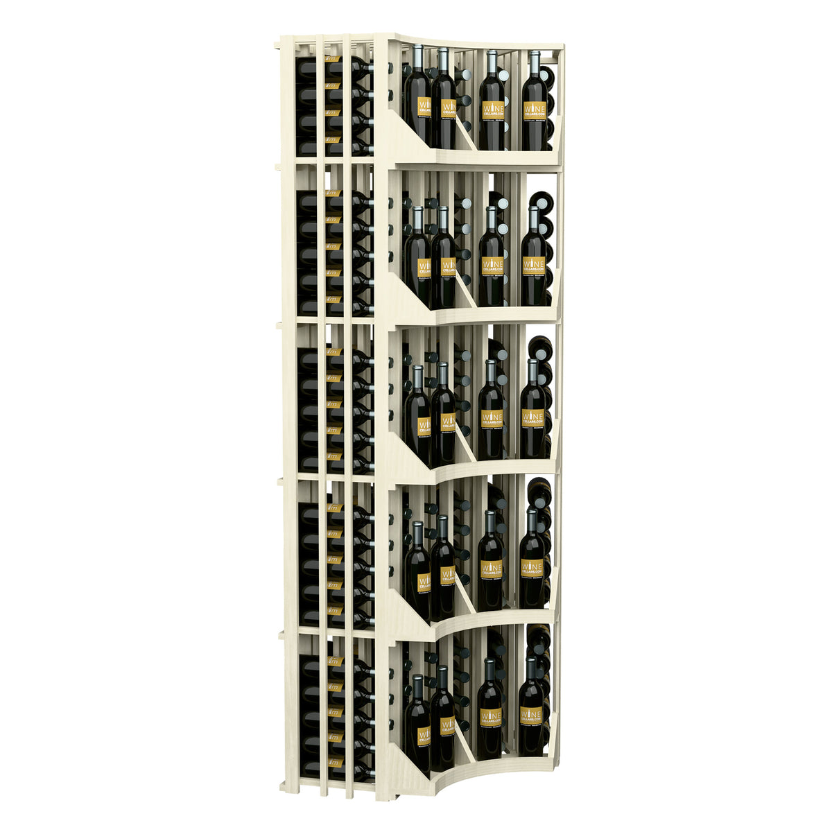 6-column corner wine rack in white with vertical bottle slots and stepped shelves