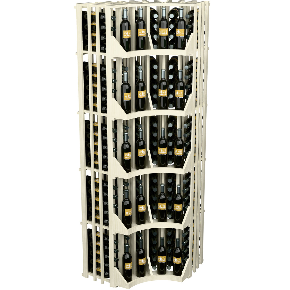 Tall 6-column curved corner wine rack in white finish with bottle cubbies