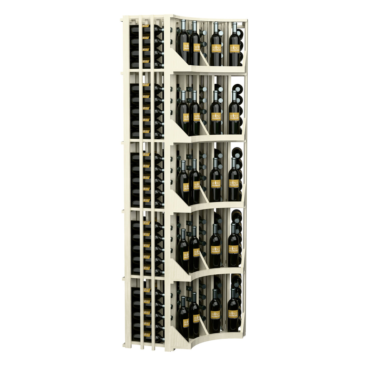 6-column corner wine rack in white with vertical bottle slots and stepped shelves