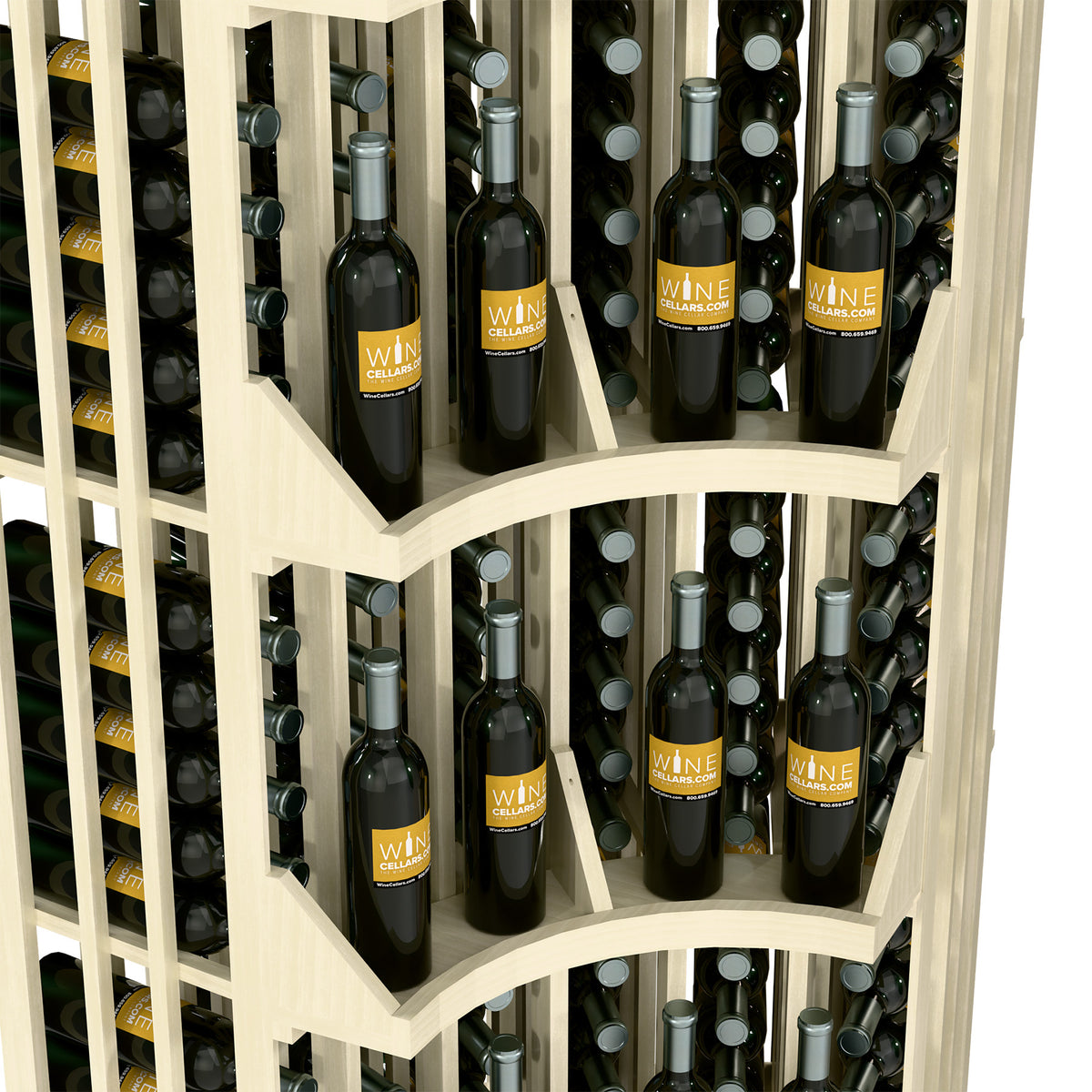 Curved corner wine rack with open wooden cubbies and angled bottle shelves in white finish