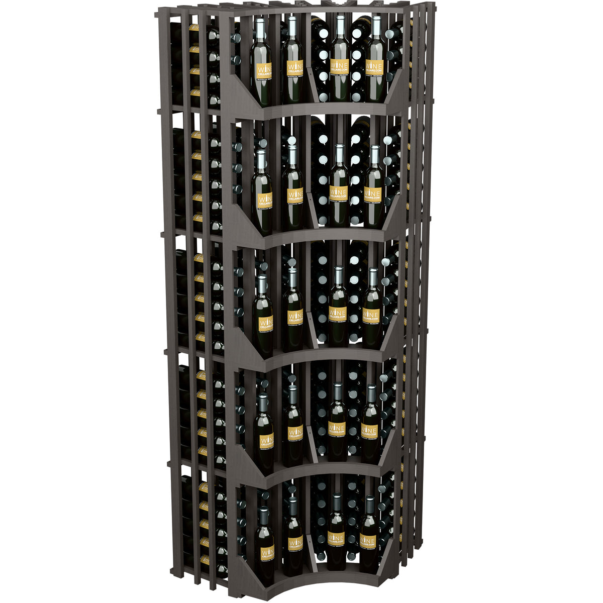 6-column curved corner wine bottle wall display with dark wooden frame and bottle rows