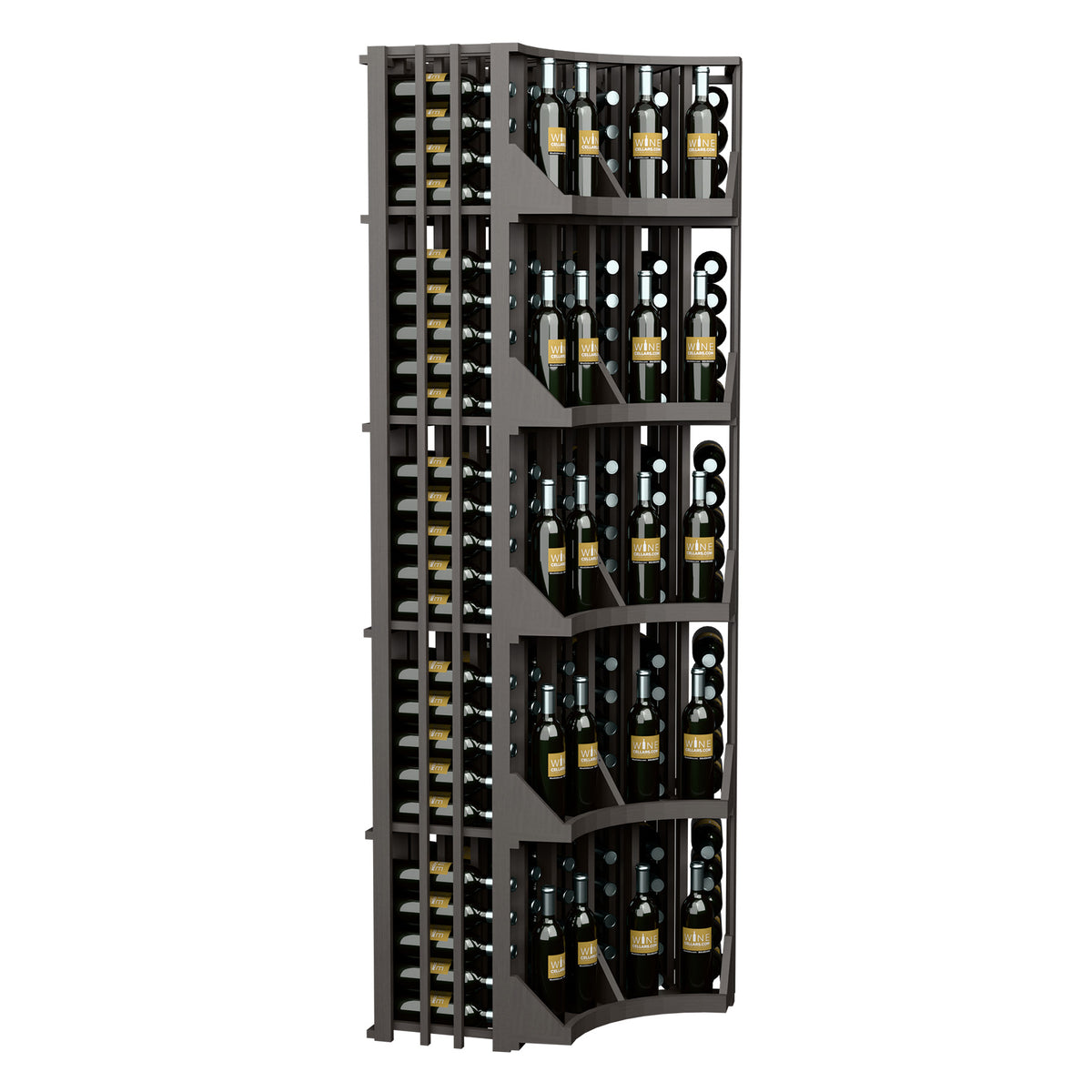 Curved corner wine bottle wall display with dark wooden frame and side bottle storage