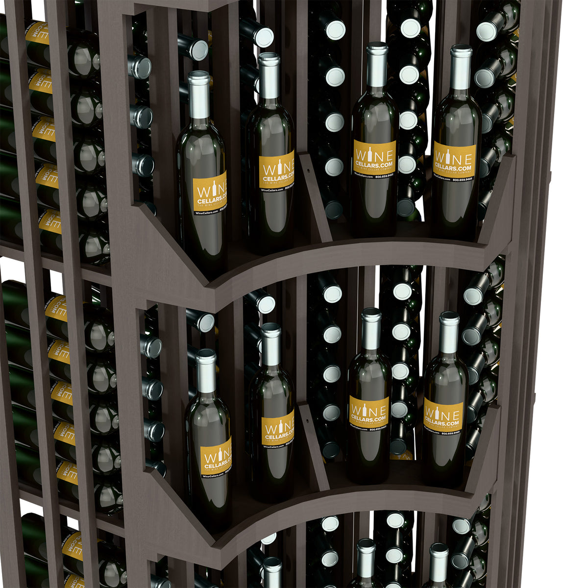 Close-up of wine bottle wall display with bottle necks in black shelf cubbies