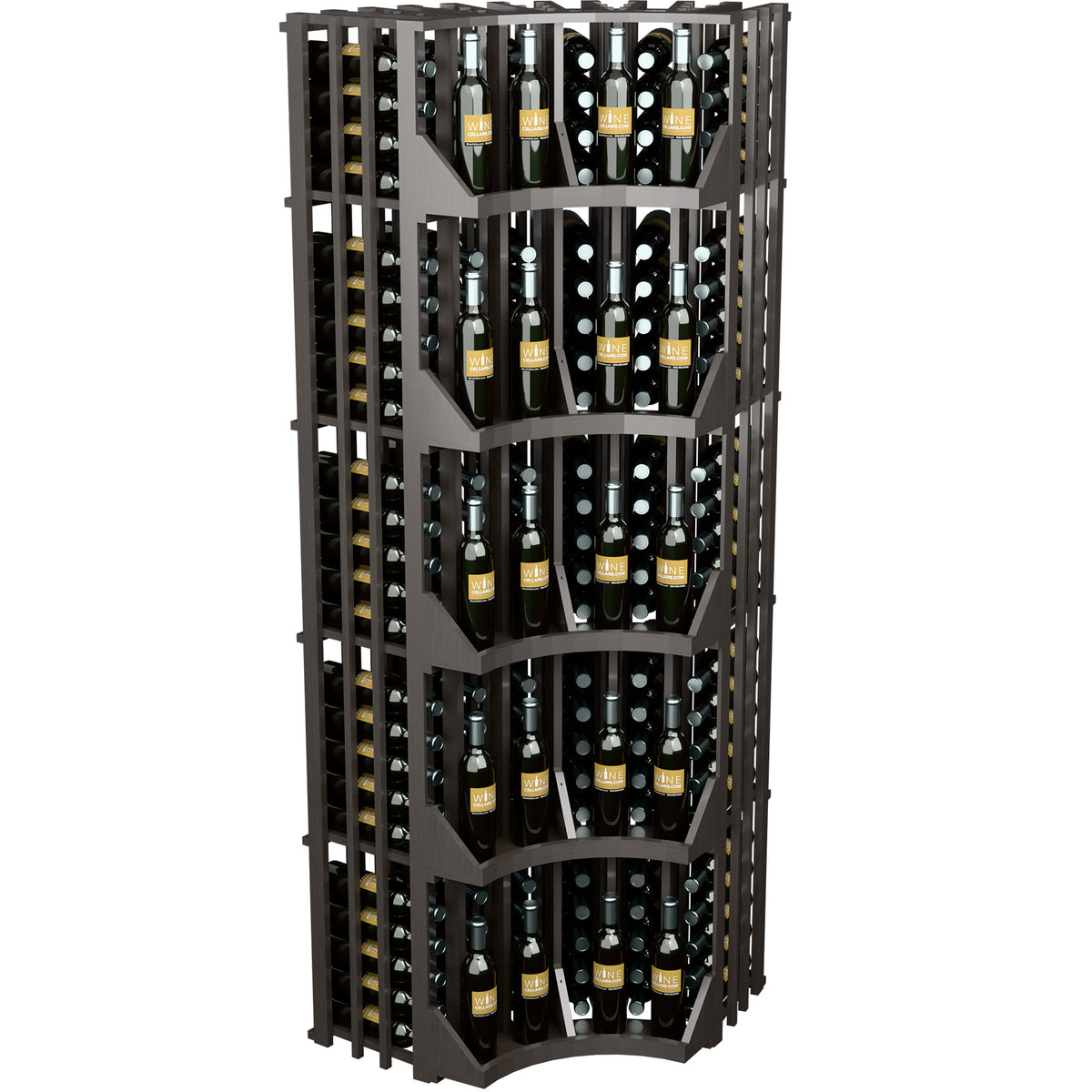 6-column curved corner wine bottle wall display in dark wood with multiple bottle shelves