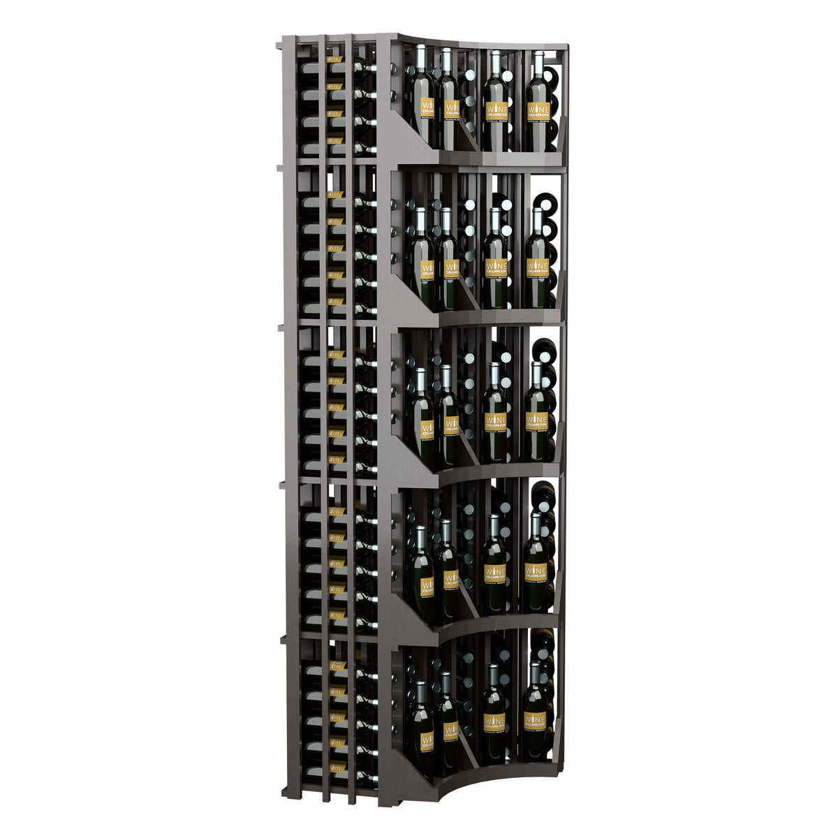 Curved corner wine bottle wall display, dark frame with bottle rows and curved base