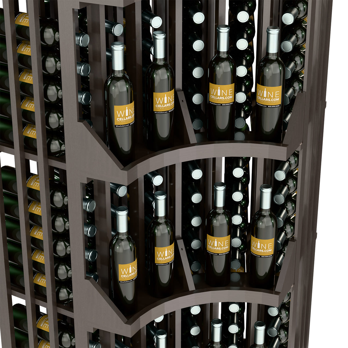 Close-up of wine bottle wall display showing bottle rows in dark wooden cubbies
