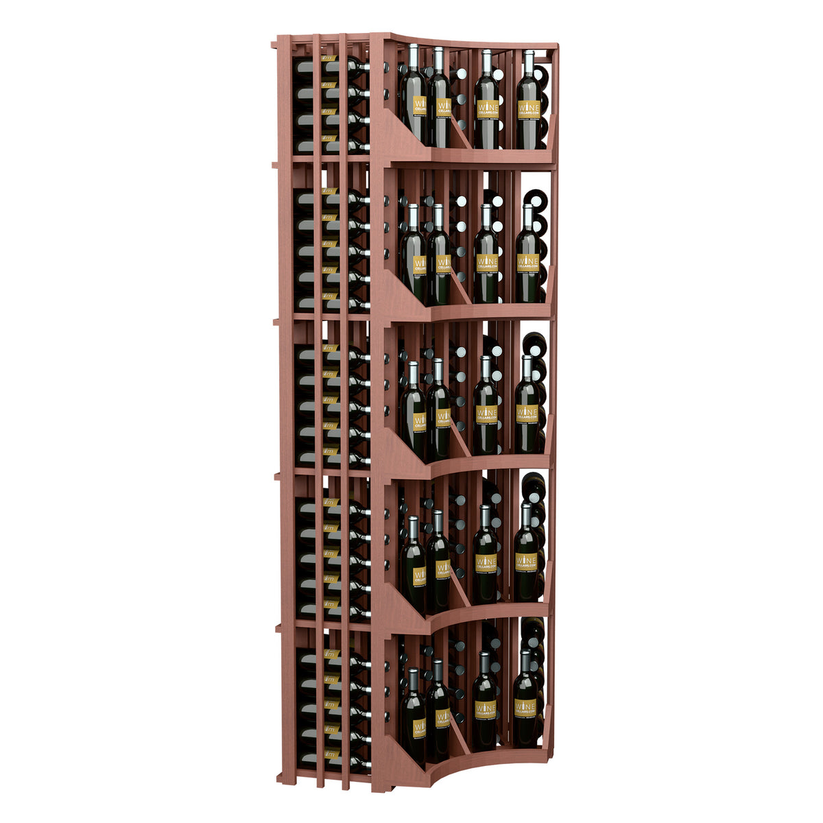 Curved corner wine bottle wall display with reddish wooden frame and side bottle storage