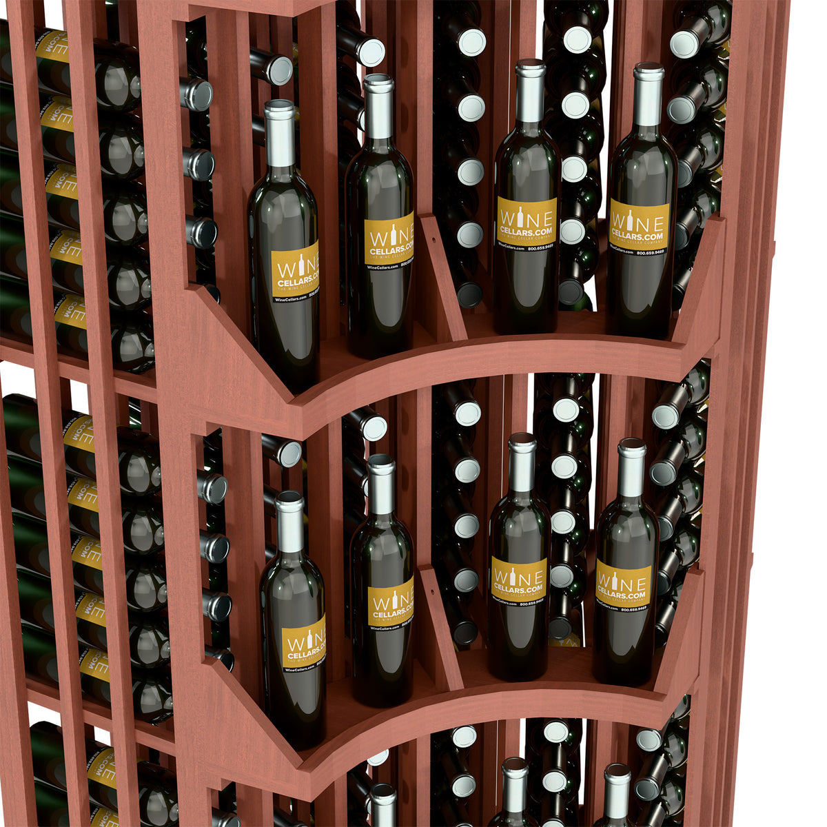 Close-up of wine bottle wall display with reddish shelves holding bottles